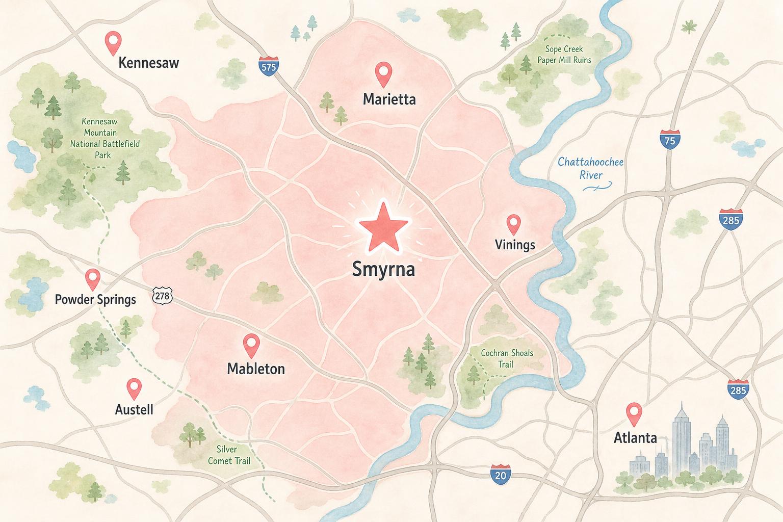Illustrated map of the northwest Atlanta metro showing Smyrna, Vinings, Marietta, Mableton, Austell, Powder Springs, Kennesaw and Atlanta with the Tiny Twinkles service area highlighted in blush pink.